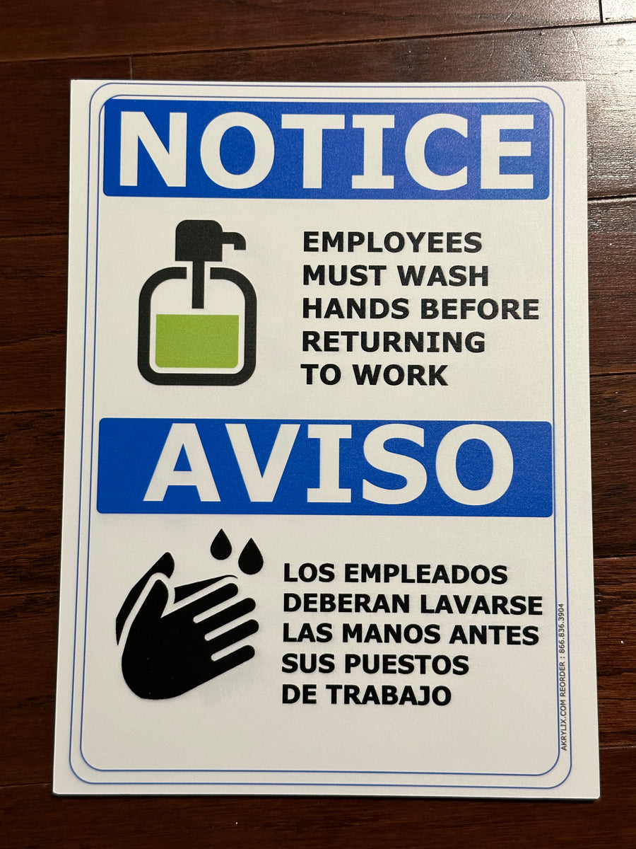 Notice Employees Must Wash Hands Before Returning to Work Sign (English & Spanish)
