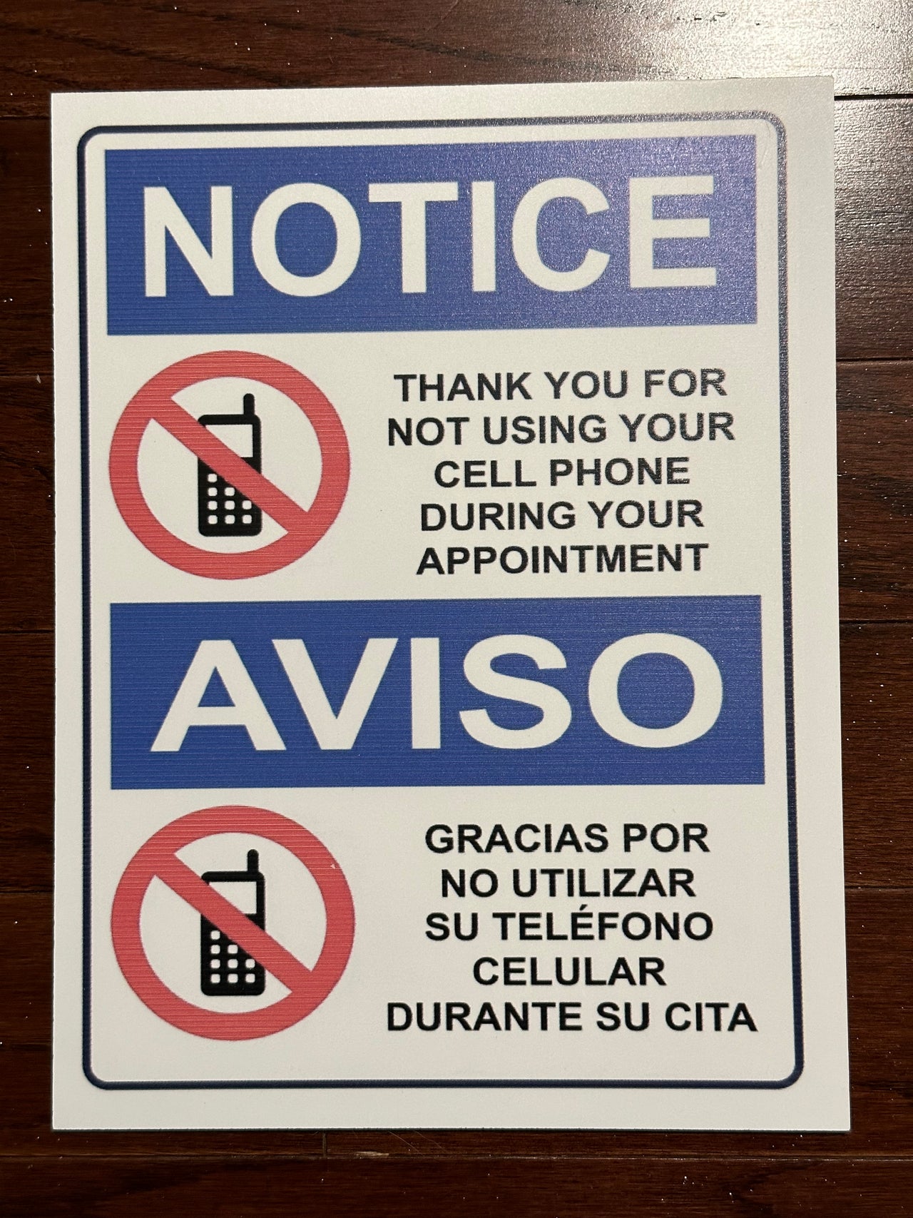 Notice Thank You for Not Using Your Cell Phone During Your Appointment Sign Blue (English & Spanish)