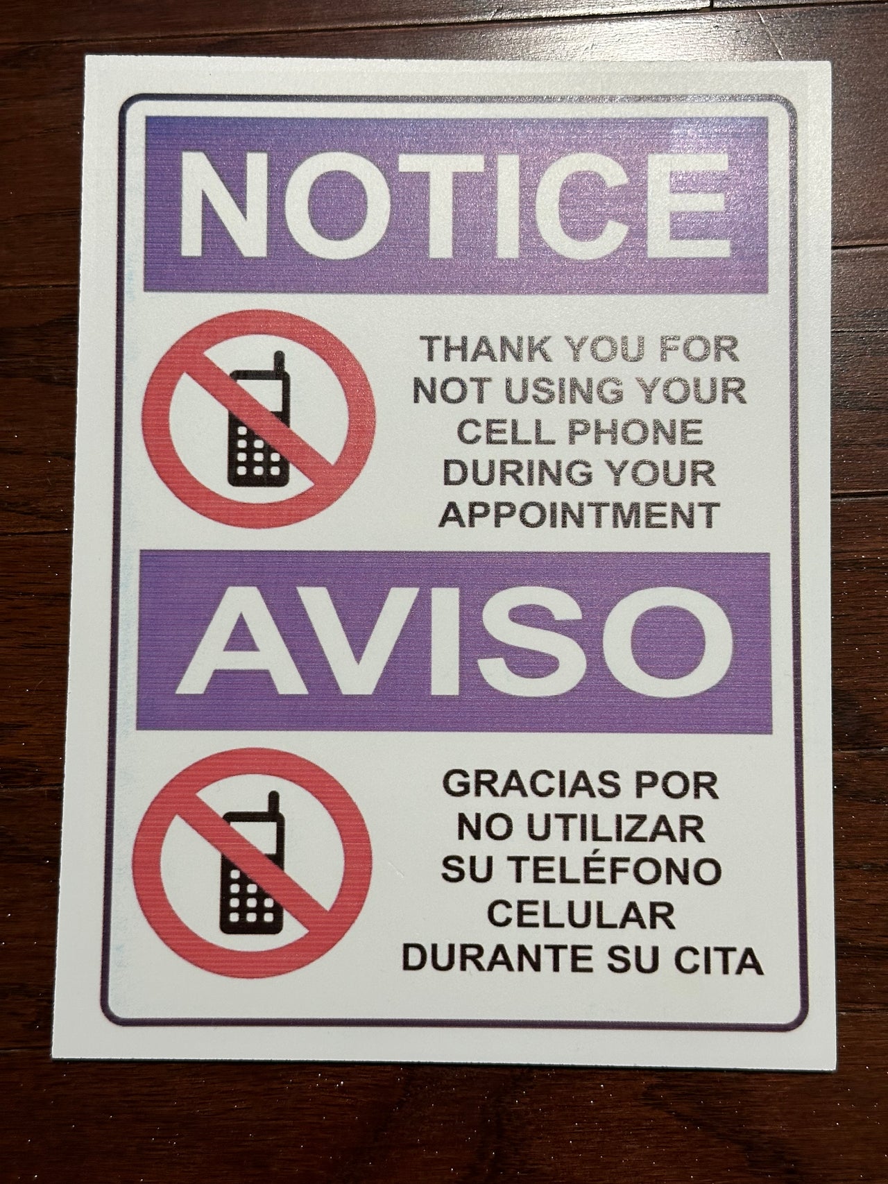 Notice Thank You for Not Using Your Cell Phone During Your Appointment Sign Purple (English & Spanish)