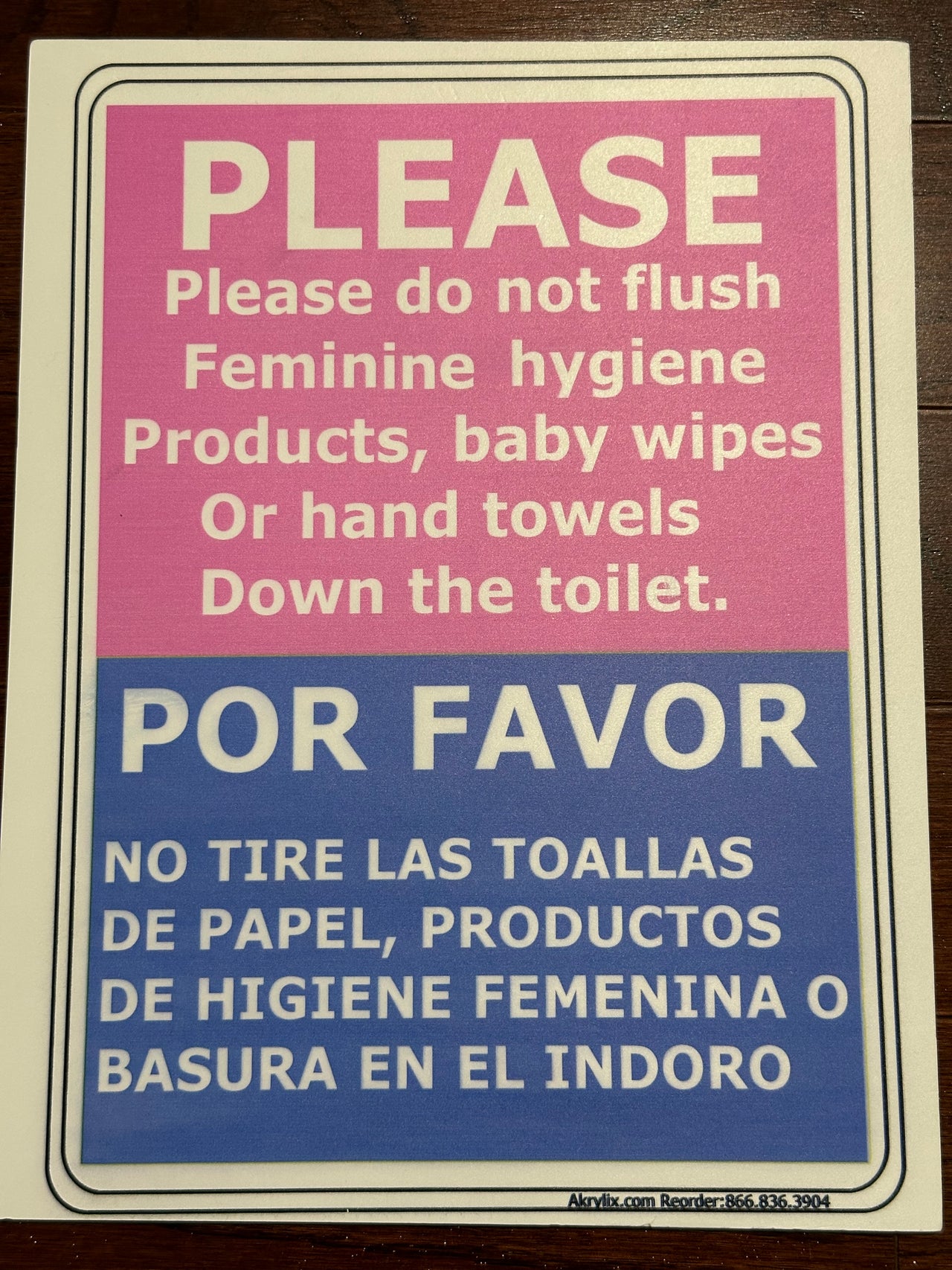 Please Do Not Flush Feminine Hygiene Products, Baby Wipes or Hand Towels Down the Toilet Sign (English & Spanish)